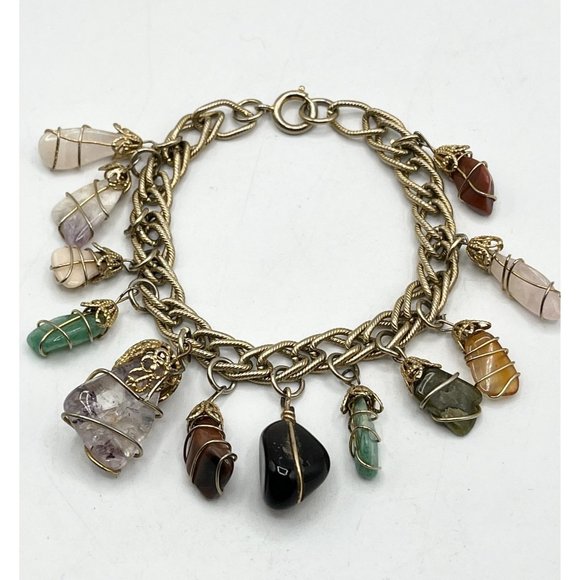 Vintage gold caged stone charm bracelet